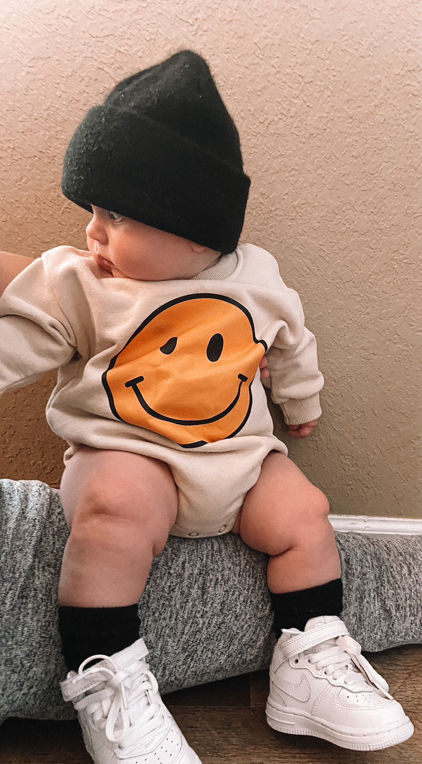 Beige Baby Smiley Face Sweatshirt Romper Gender Neutral Baby